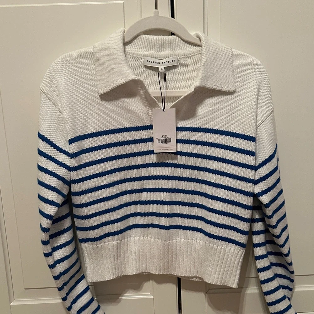 NWT English Factory Striped Polo Sweater in White and Blue - Picture 2 of 3
